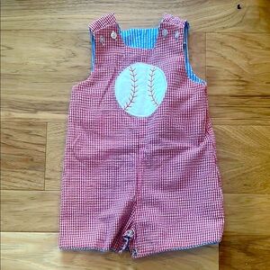 Red Gingham Baby Romper with Baseball Patch